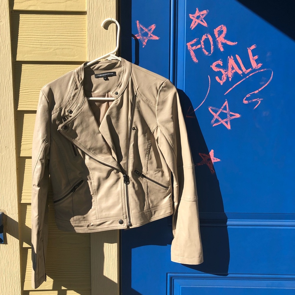 Tan beige leather high fashion zipper jacket